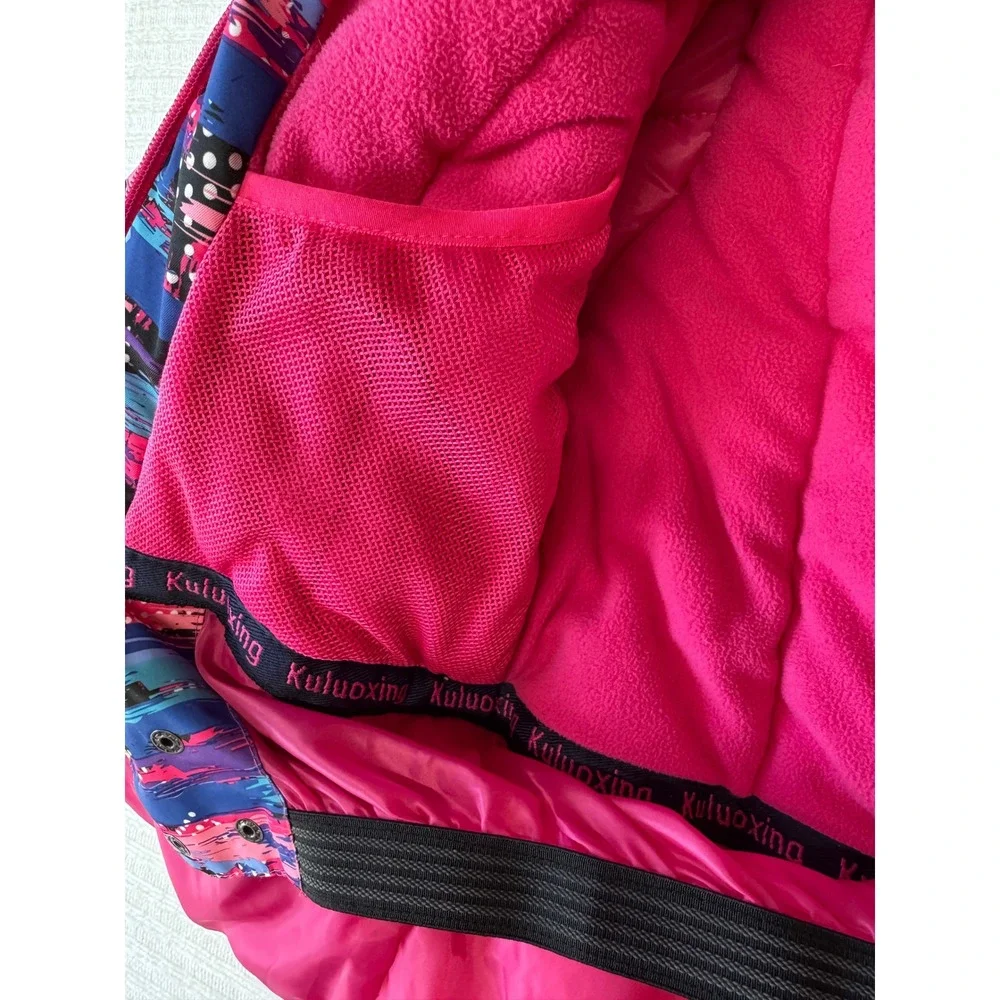 Kuluoxing Kids Pink Blue Abstract Print Hooded Ski Jacket Winter Coat Size 10